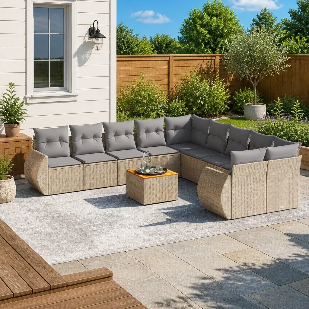 Garden Sofa Set 11 Piece Outdoor Furniture Beige Poly Rattan Patio Lounge with