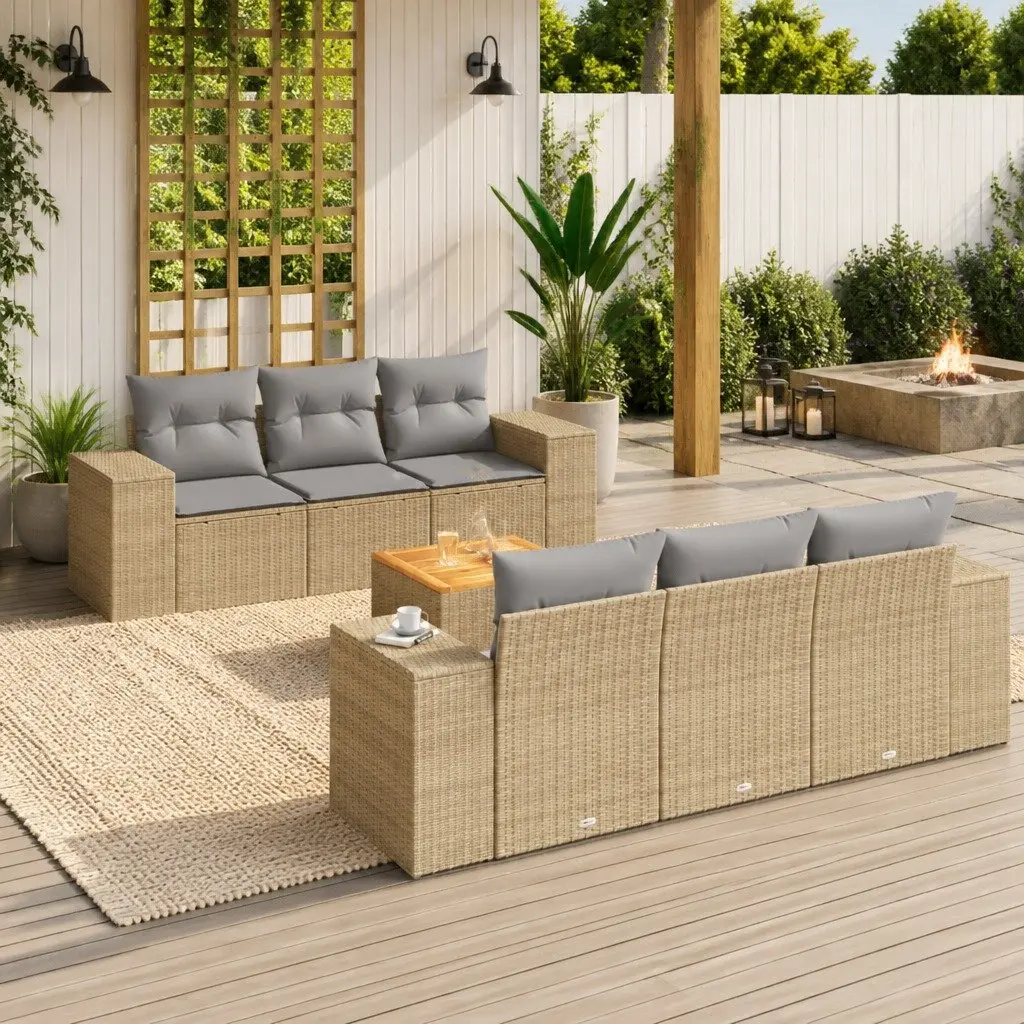 7 Piece Garden Sofa Set Beige Poly Rattan Outdoor Furniture with Cushions