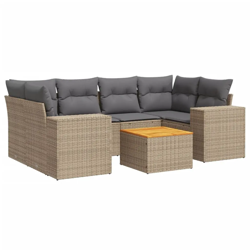 Outdoor Furniture Sofa Set 7 Piece Modular Beige Poly Rattan with Cushions and Acacia Wood Table