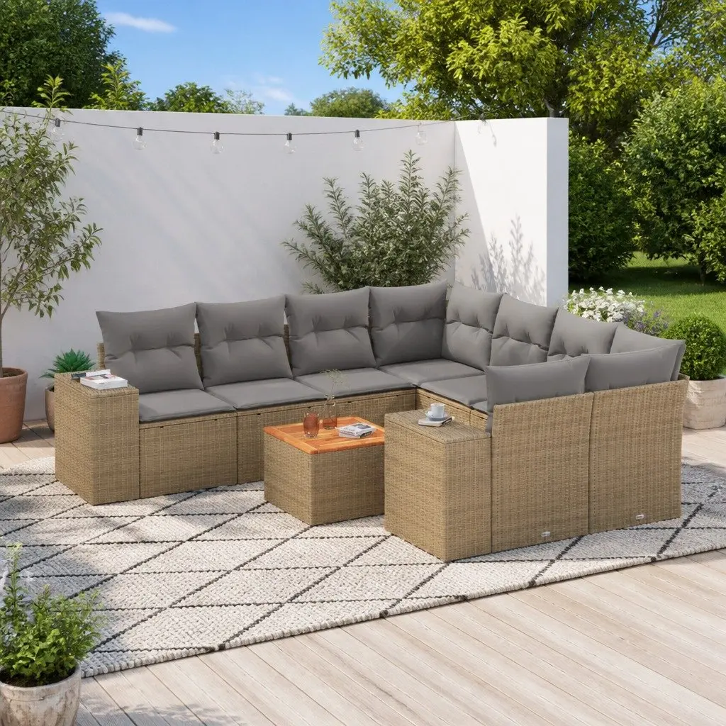 9PieceOutdoorPatioSofaSetBeigePolyRattanModularDesignWithCushionsAndStorage
