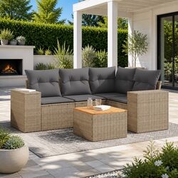 5 Piece Outdoor Garden Sofa Set with Storage Cushions Beige Rattan Patio