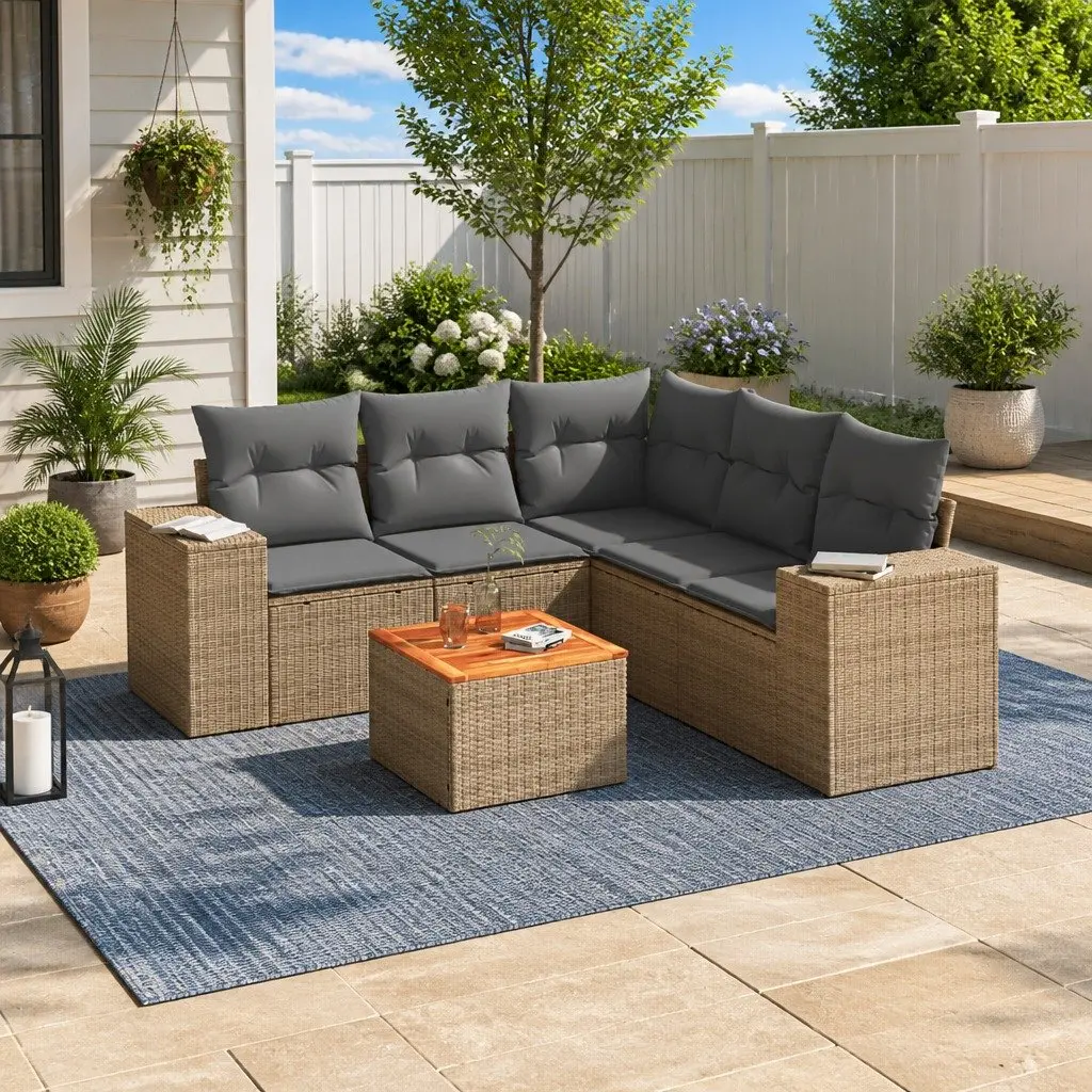 Modular Outdoor Furniture 6 Piece Garden Sofa Set Beige Weather Resistant Cushions