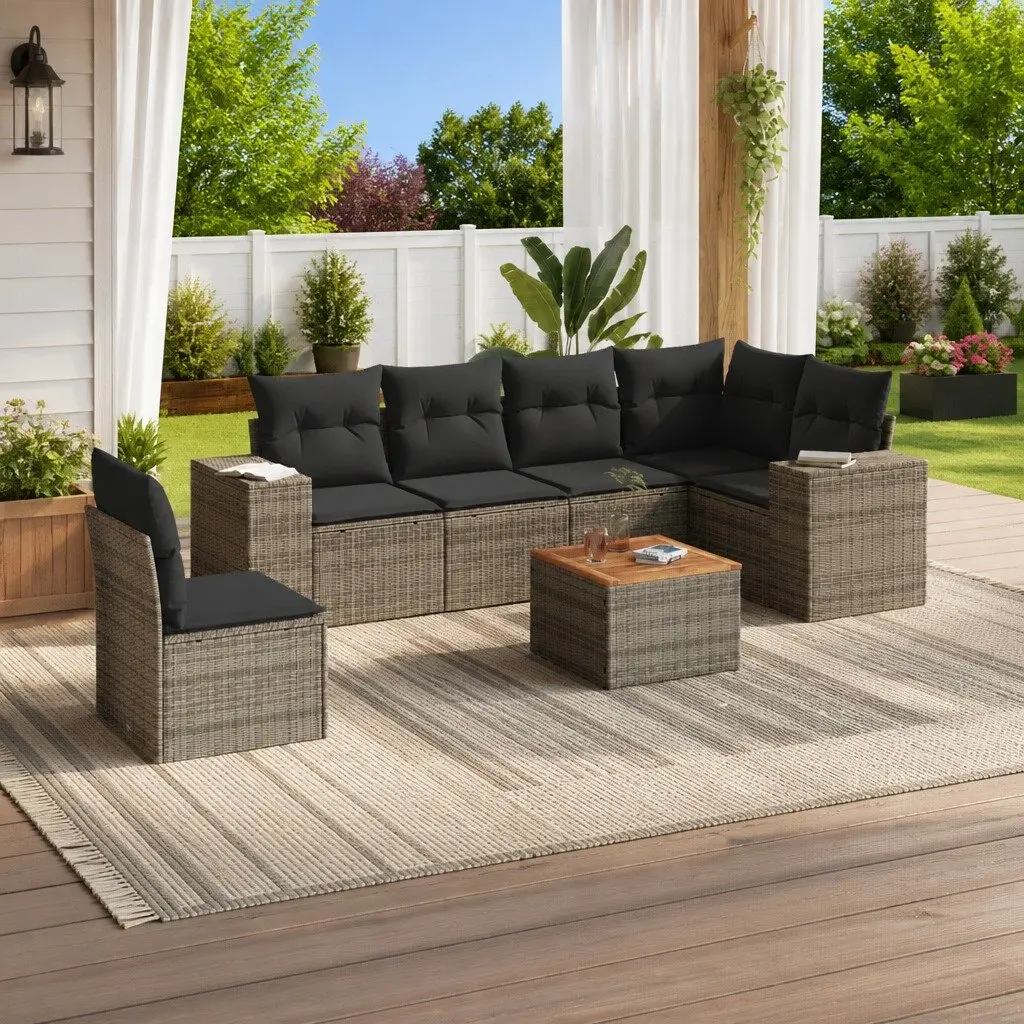 Outdoor Furniture Set Modular Grey Poly Rattan 7 Piece Garden Sofa with Cushions and Storage