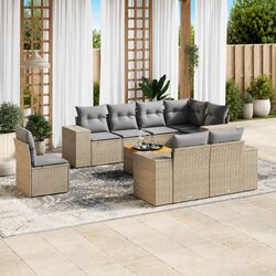 Outdoor Garden Sofa Set 9 Piece Beige Poly Rattan Patio Furniture with Cushions