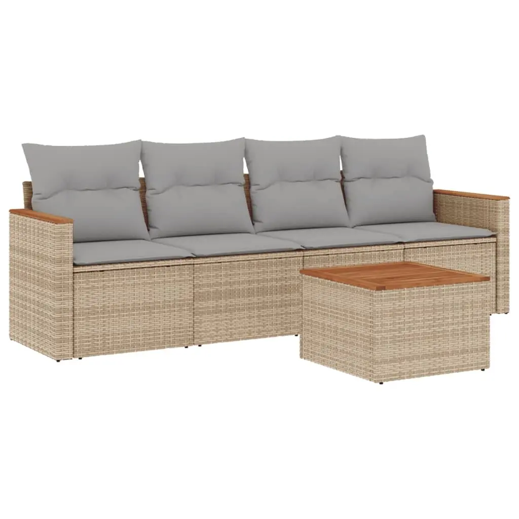 5 Piece Modular Outdoor Sofa Set Beige Poly Rattan with Cushions for Backyard and Patio