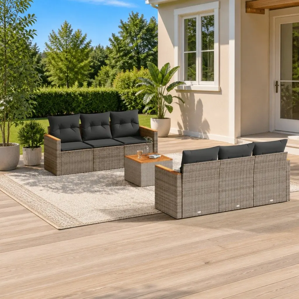 Garden Sofa Set 7 Piece Outdoor Furniture Patio Grey Poly Rattan with Cushions