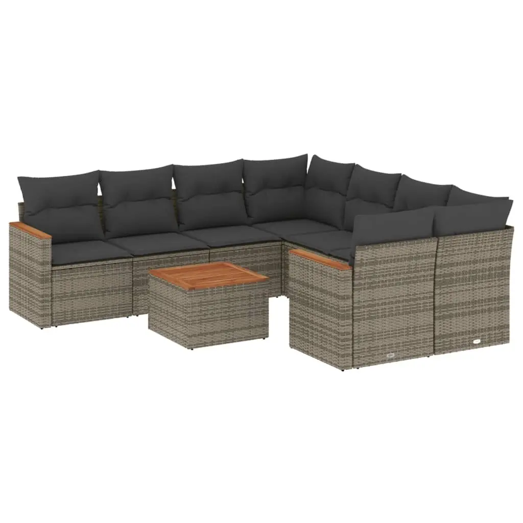 9 Piece Modular Outdoor Sofa Set Grey Poly Rattan Patio Furniture with Acacia Wood Tabletop Removable Cushion Covers and Storage Compartment