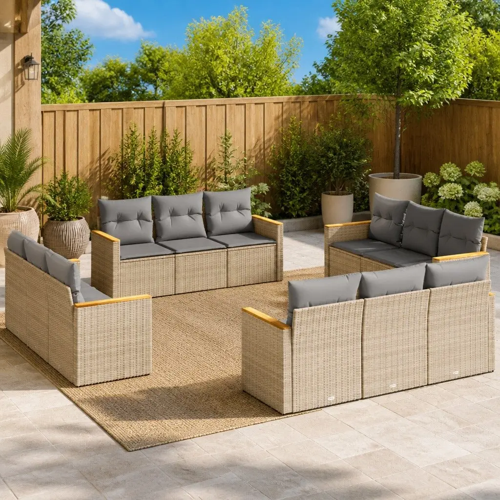 Outdoor Garden Sofa Set 12 Piece Patio Furniture Beige Poly Rattan with Cushions