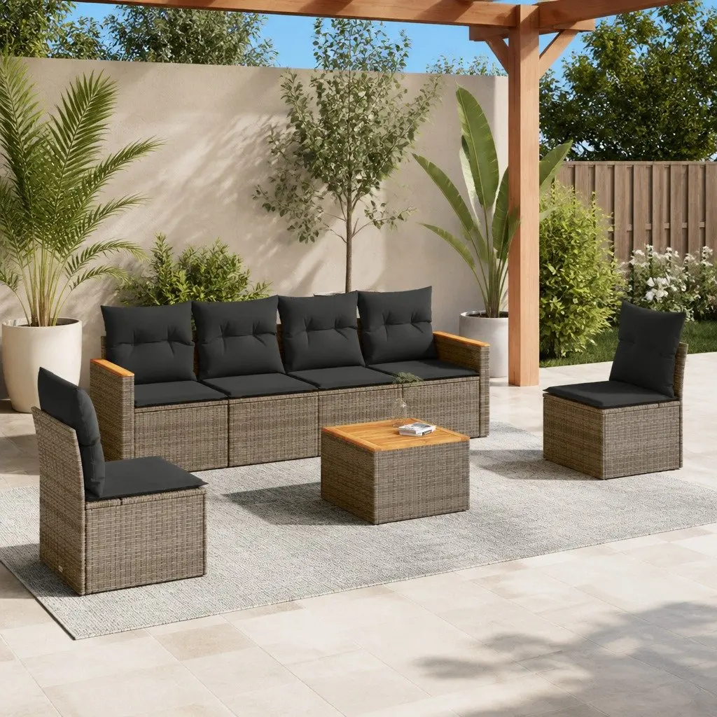 7 Piece Garden Sofa Set Grey Modular Rattan Outdoor Furniture with Acacia Wood Tabletop and Storage Function