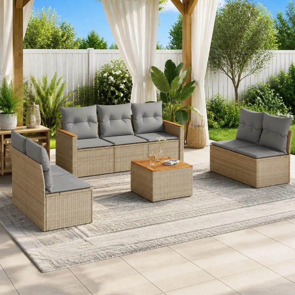 8 Piece Outdoor Garden Sofa Set Beige Poly Rattan Patio Furniture with Cushions