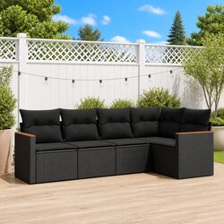 Comfortable 5-Piece Black Poly Rattan Sofa Set with Cushions