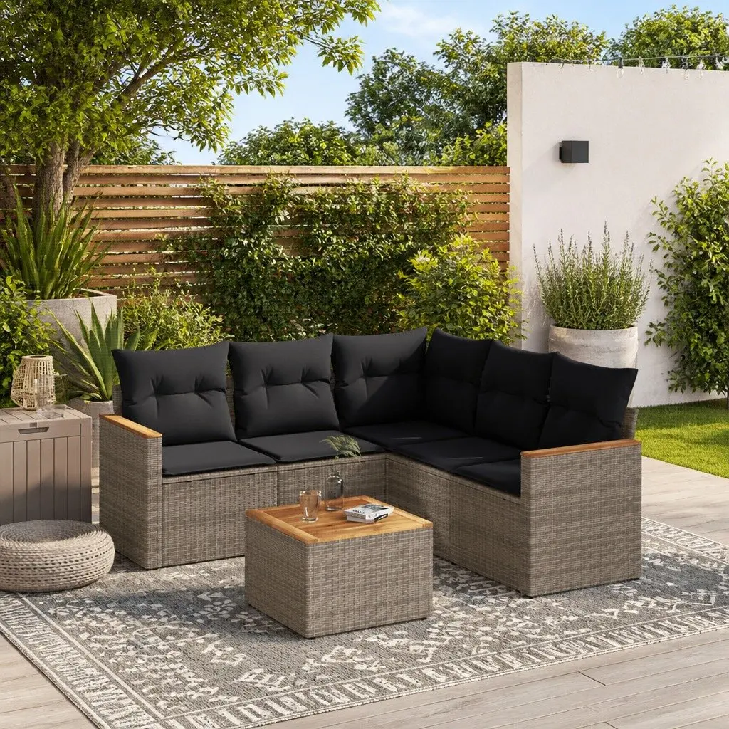 Modular Grey Poly Rattan Garden Sofa Set 6 Piece Outdoor Furniture with Storage Compartment and Removable Cushion Covers