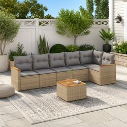 Outdoor Garden Sofa Set 7 Piece Beige Poly Rattan Patio Furniture with Cushions