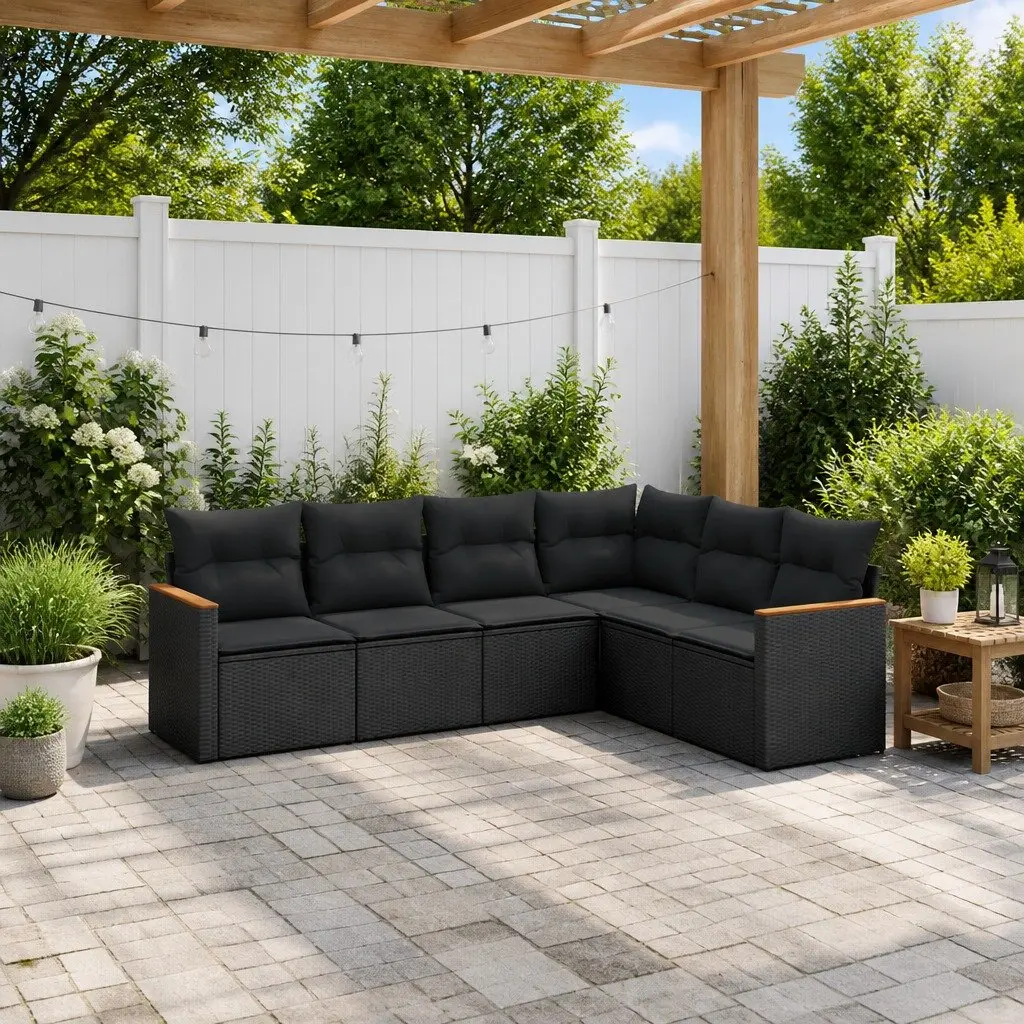 Garden Sofa Set 6 Piece Outdoor Furniture Black Poly Rattan Modular Patio