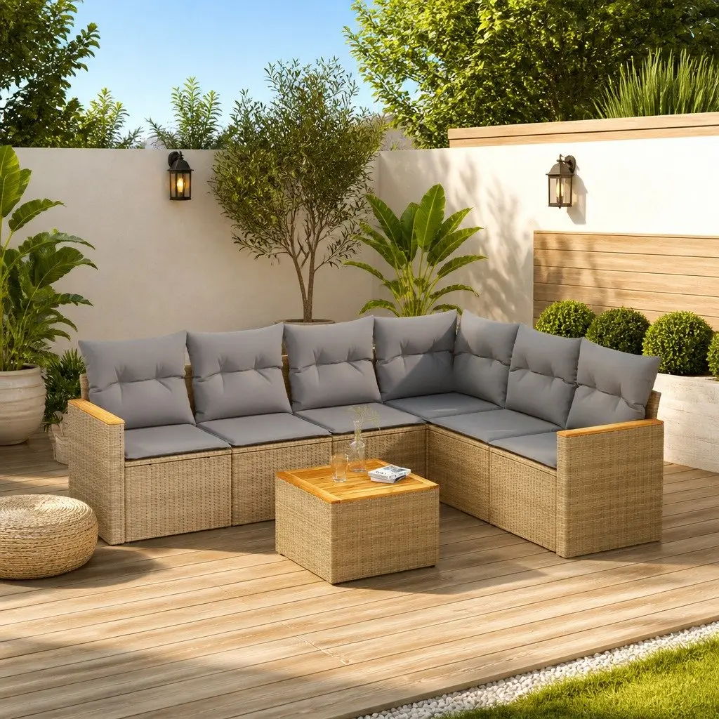 Outdoor Garden Sofa Set 7 Piece Patio Furniture Beige with Storage Cushions