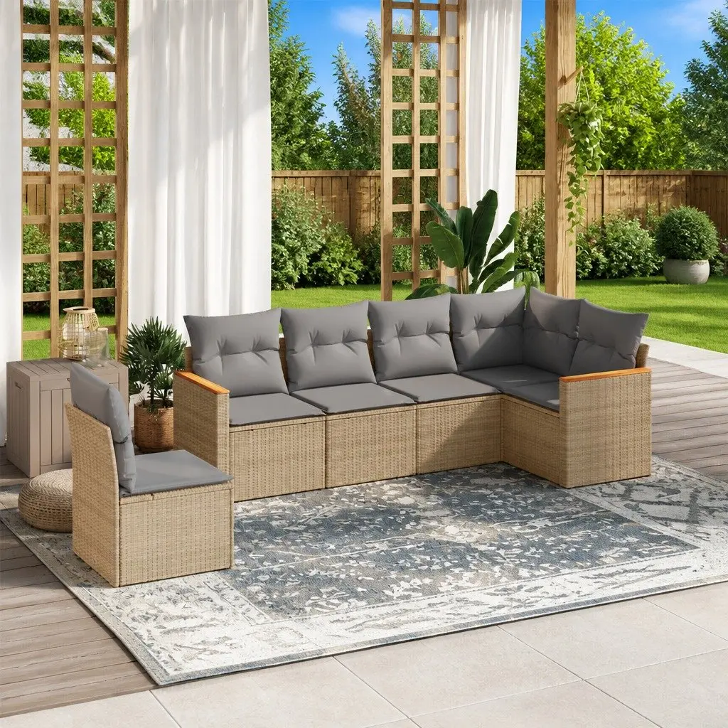 Garden Sofa Set 6 Piece Outdoor Furniture Beige Poly Rattan with Cushions
