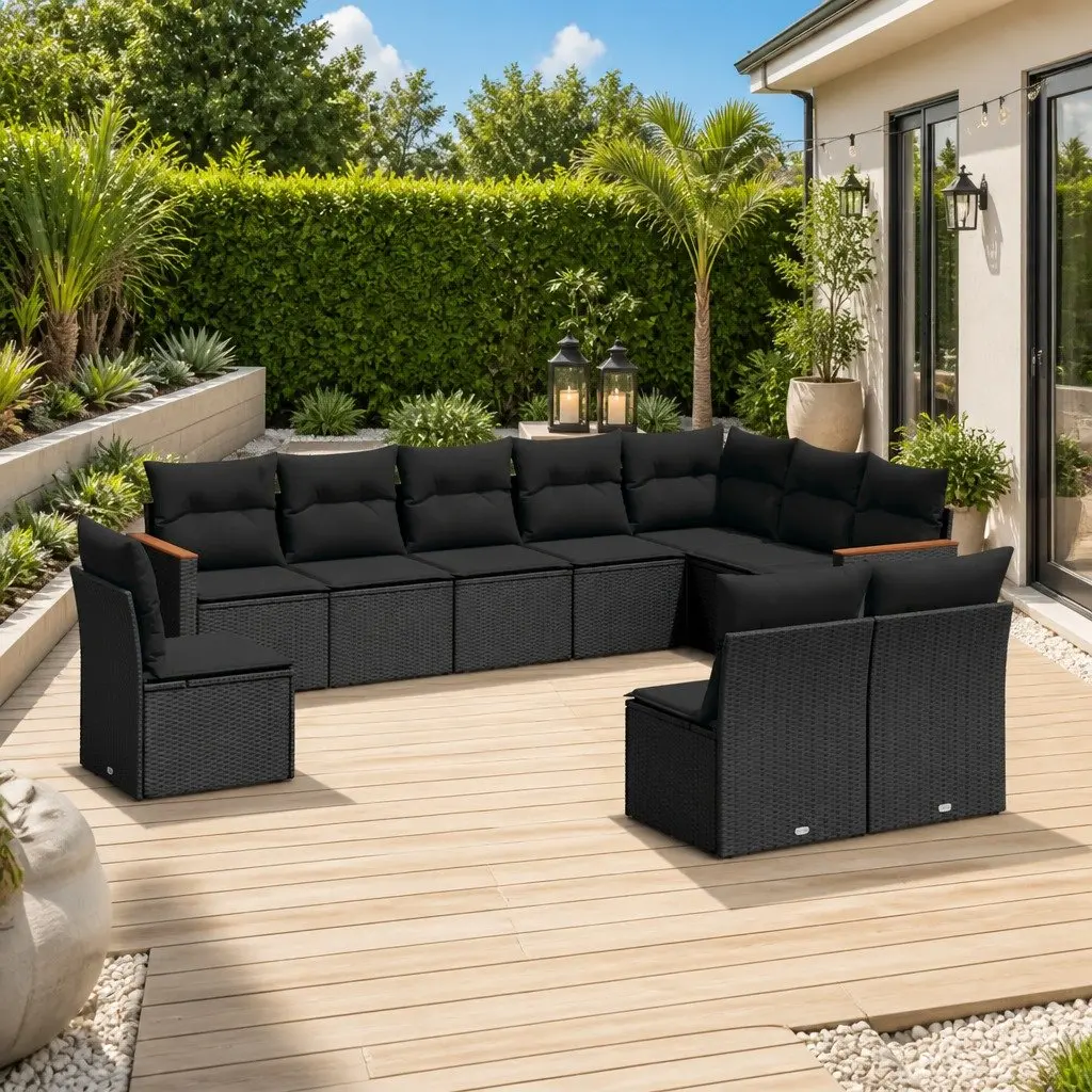 Garden Sofa Set 10 Piece Outdoor Furniture Patio Black Poly Rattan Modular