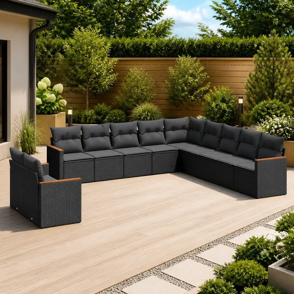 Modular Garden Sofa Set 11 Pieces Black PE Rattan Weather Resistant Outdoor Furniture