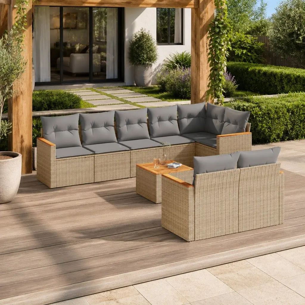 Garden Sofa Set 9 Piece Outdoor Furniture Beige Poly Rattan Patio Lounge Modular