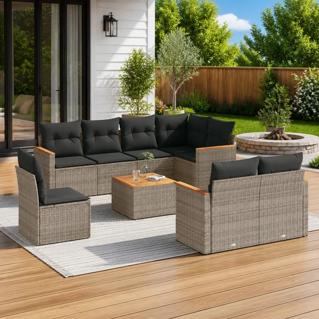 Garden Sofa Set 9 Piece Outdoor Furniture Patio Grey Poly Rattan with Cushions