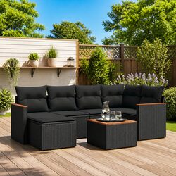 7 Piece Garden Sofa Set Outdoor Patio Furniture Black Poly Rattan with Cushions