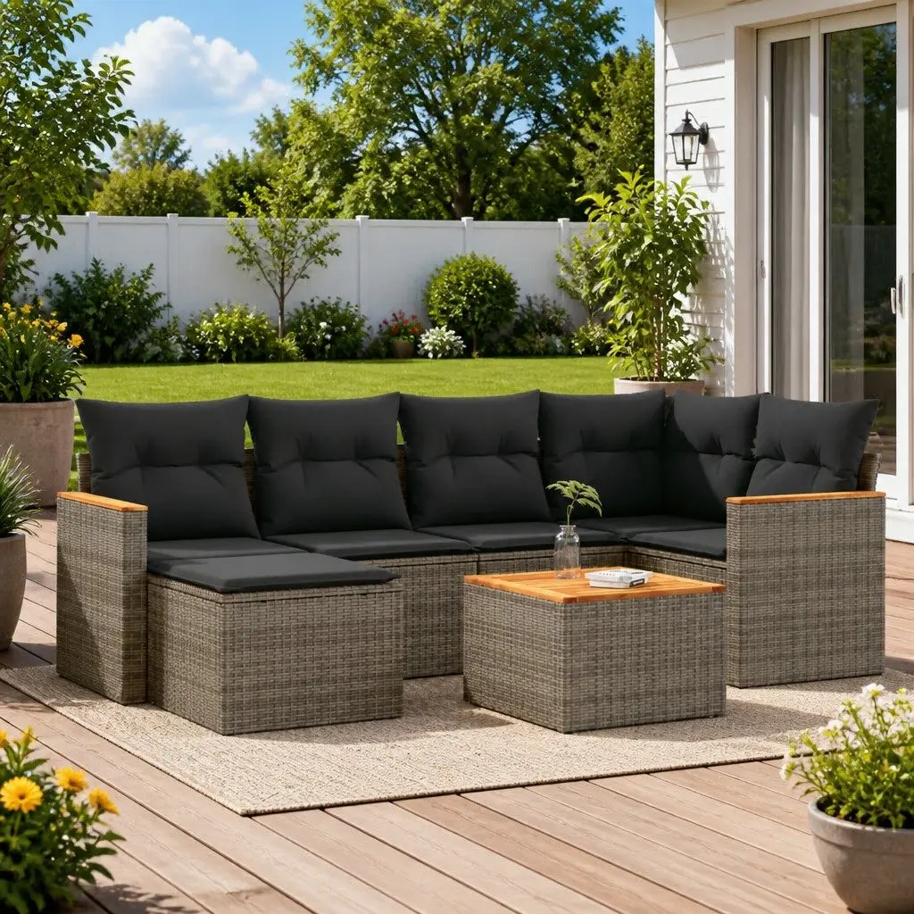 Garden Sofa Set 7 Piece Outdoor Furniture Patio Grey Poly Rattan with Cushions