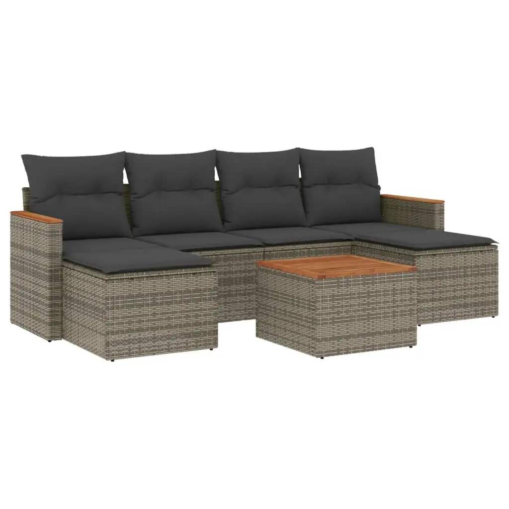 7 Piece Outdoor Furniture Set Grey Modular Sofa with PE Rattan Frame Acacia Wood Top and Storage Cushions