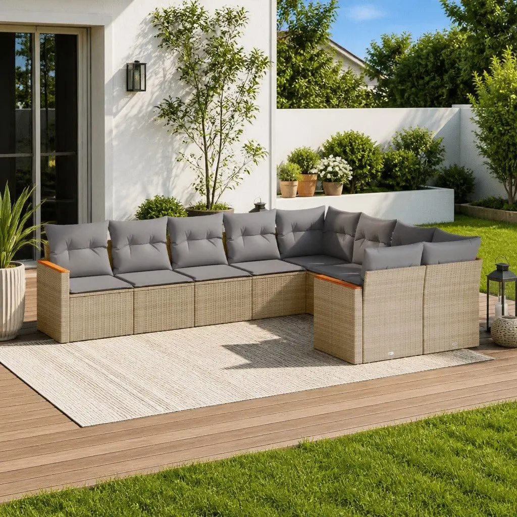 9 Piece Modular Outdoor Sofa Set Beige Poly Rattan with Storage for Patio and Garden