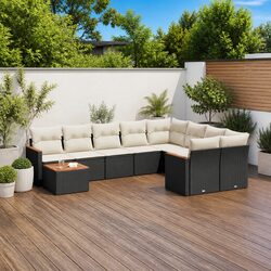 Outdoor Garden Sofa Set 10 Piece Black Poly Rattan Patio Furniture with Cushions