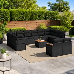 Outdoor Garden Sofa Set 13 Piece Black Poly Rattan Patio Furniture with Cushions
