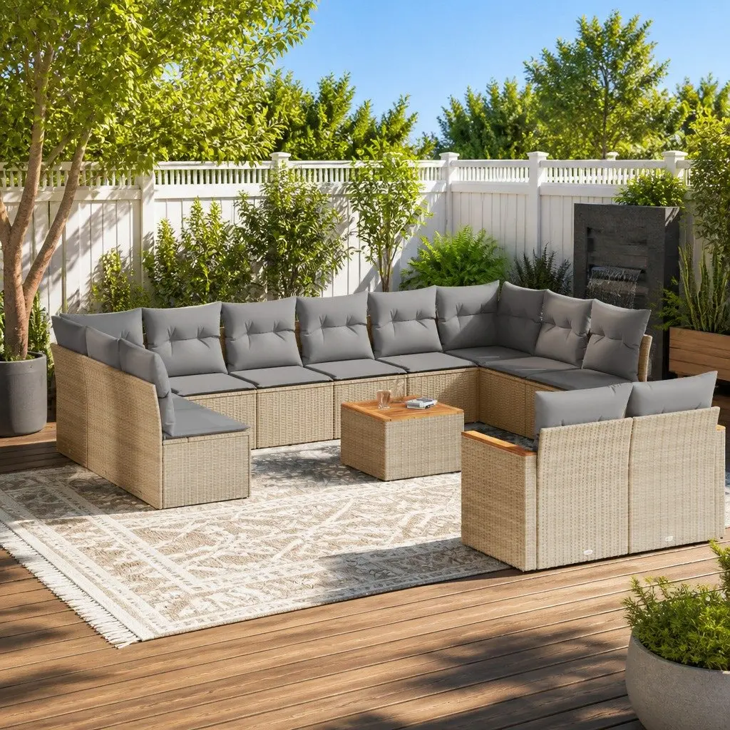 Outdoor Furniture Set Modular Beige Poly Rattan 13 Piece Garden Sofa with Cushions