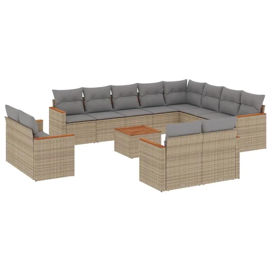 Modular Outdoor Garden Sofa Set 13 Piece Beige Poly Rattan with Acacia Wood Table Top