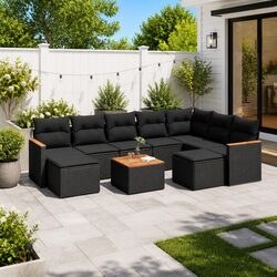 Outdoor Garden Sofa Set 10 Piece Black Poly Rattan Patio Furniture with Cushions