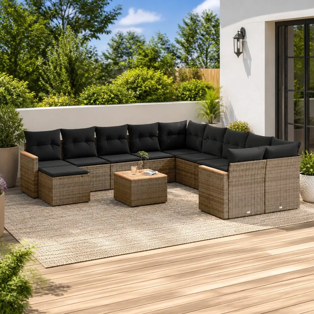 Modular Outdoor Furniture Set 12 Piece Grey Poly Rattan Garden Sofa with Storage and Removable Cushion Covers
