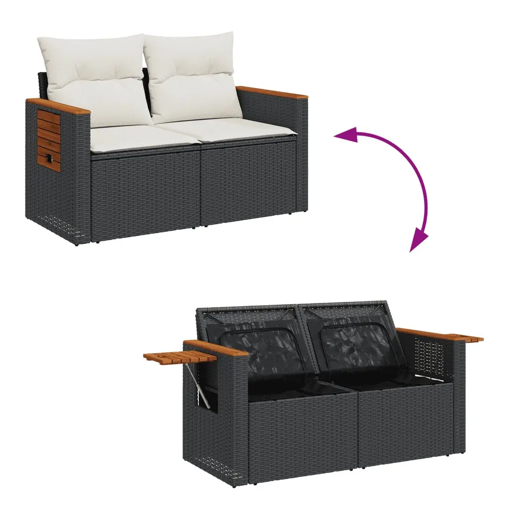 3 Piece Outdoor Garden Sofa Set with Storage Black Poly Rattan Patio Furniture