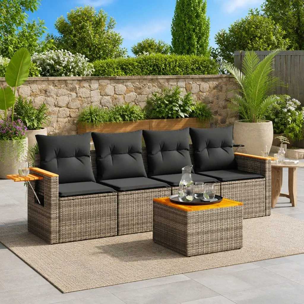Garden Sofa Set Modular 5 Piece Grey Poly Rattan with Cushions