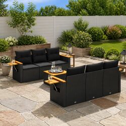 7 Piece Garden Sofa Set Black Poly Rattan Outdoor Patio Furniture with Cushions