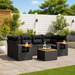 7 Piece Garden Sofa Set with Cushions Storage Black Poly Rattan Outdoor