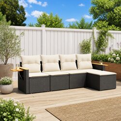 5 Piece Outdoor Garden Sofa Set with Storage Cushions Black Poly Rattan Patio