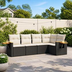 5 Piece Outdoor Sofa Set: Black Poly Rattan with Cushions