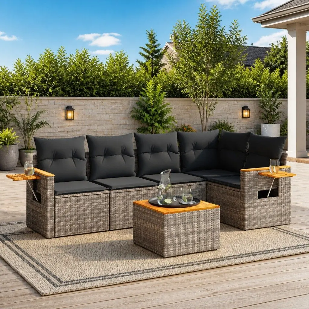 Garden Sofa Set 6 Piece Outdoor Furniture Grey Poly Rattan Modular Patio Seating