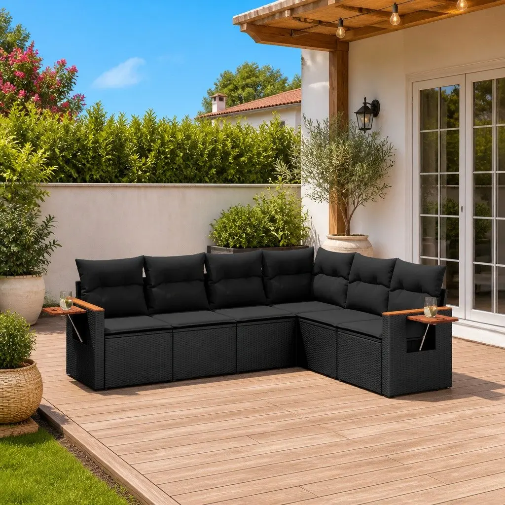 6 Piece Outdoor Garden Sofa Set Black Poly Rattan Patio Furniture with Cushions