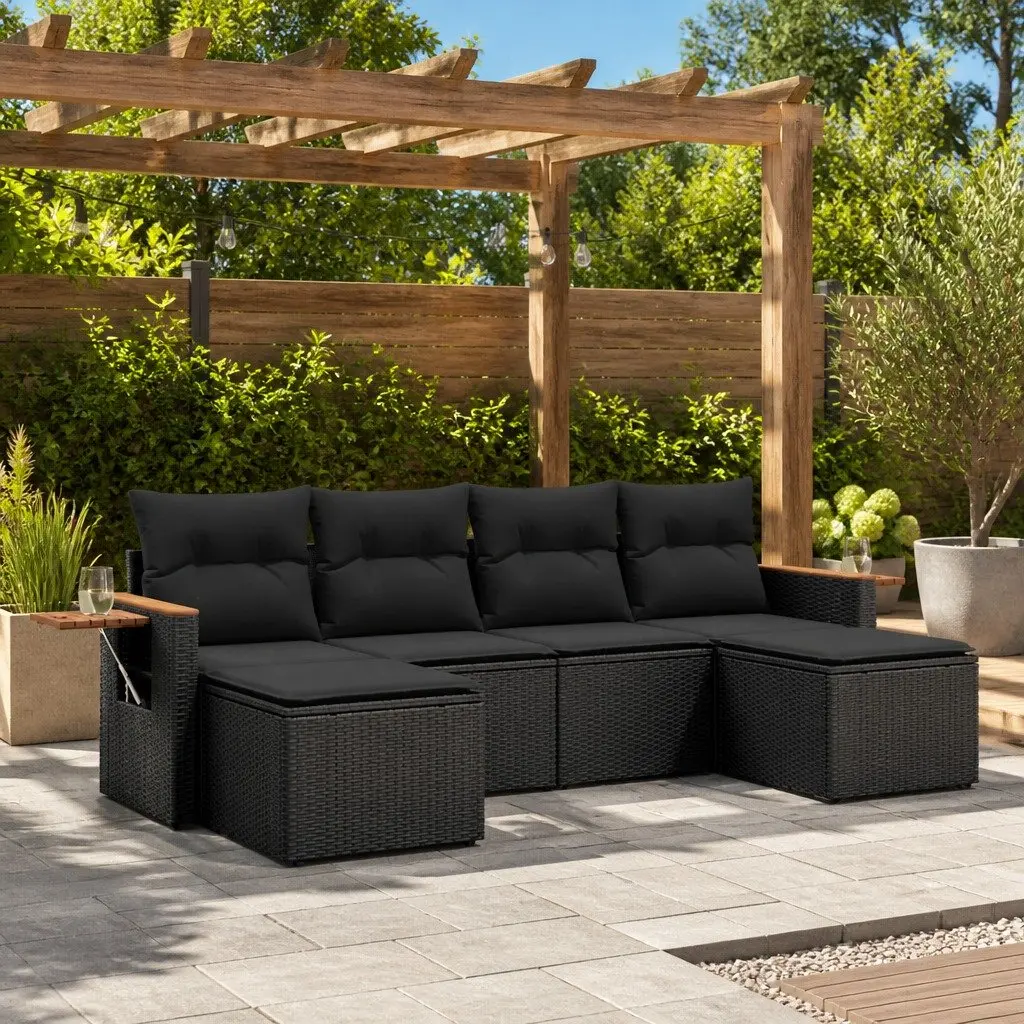 6 Piece Modular Garden Sofa Set Black Poly Rattan Outdoor Furniture
