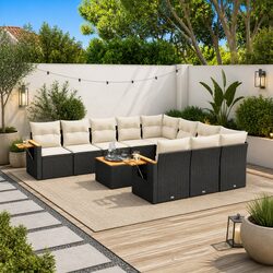 Outdoor Garden Sofa Set 11 Piece Black Poly Rattan Patio Furniture with Cushions