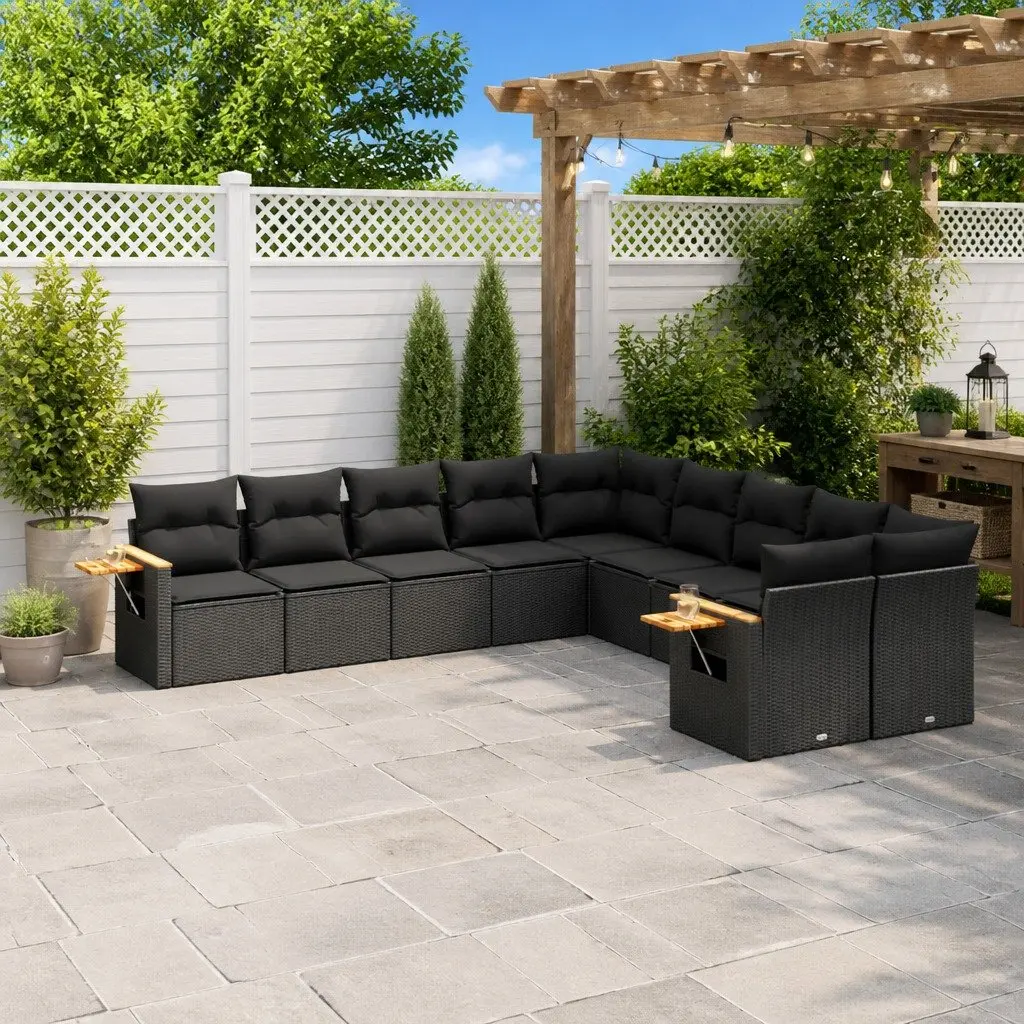 10 Piece Modular Garden Sofa Set Black PE Rattan Outdoor Furniture with Storage and Foldable Side Table