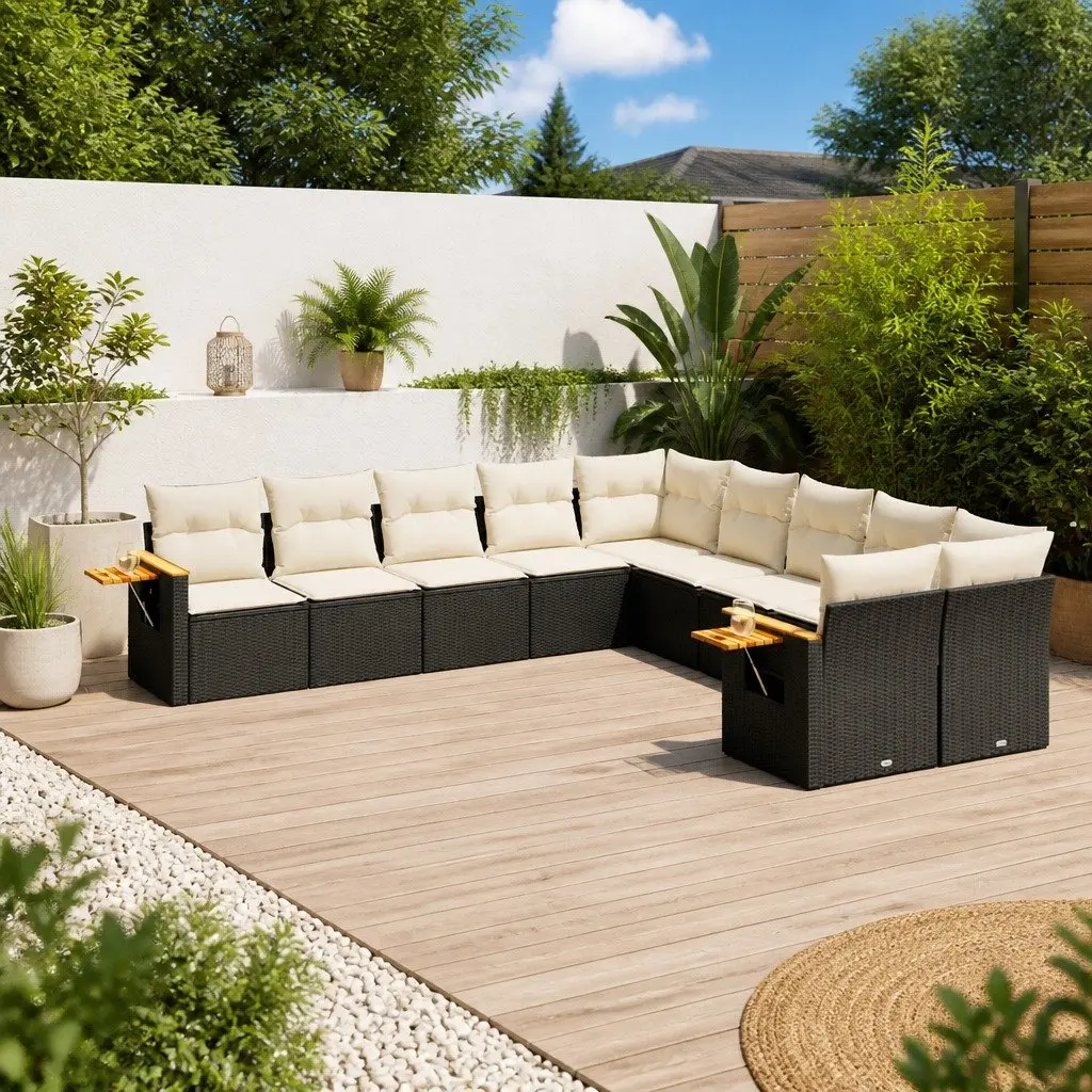 10 Piece Modular Outdoor Sofa Set with Storage and Cushions Black Poly Rattan for Patio Garden