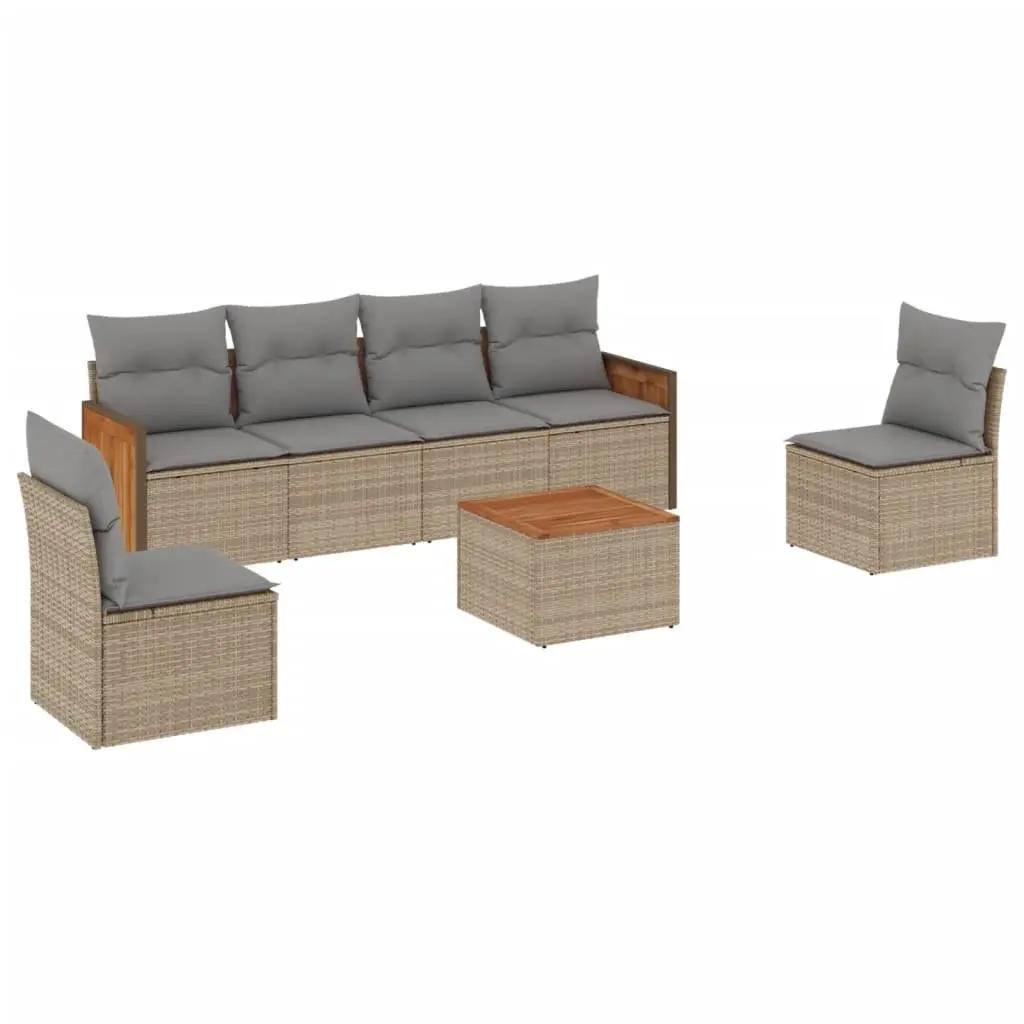 7 Piece Garden Sofa Set Beige Poly Rattan Outdoor Patio Furniture with Cushions