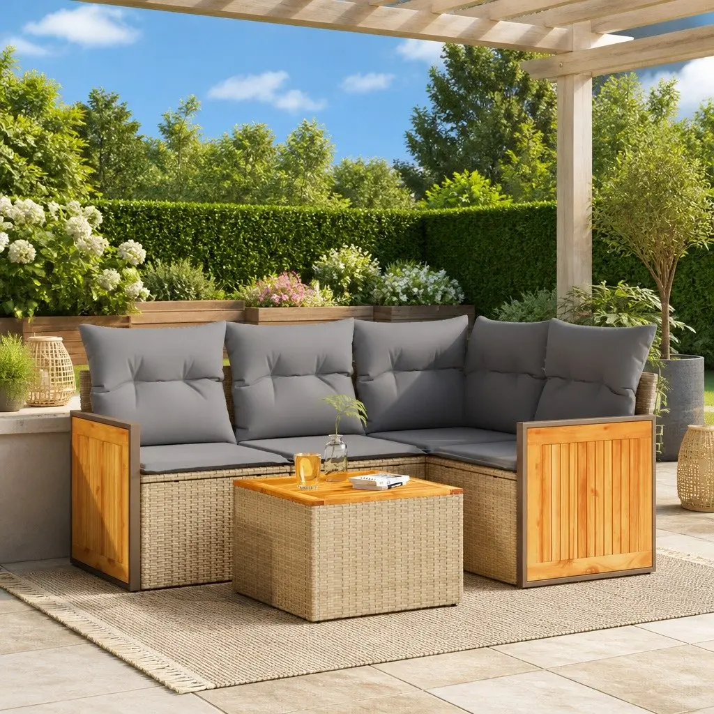 5 Piece Modular Outdoor Sofa Set with Cushions and Storage Bag Beige Poly Rattan