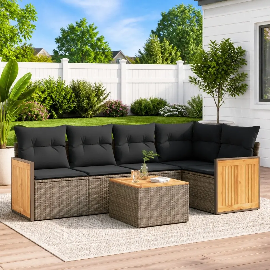 Garden Sofa Set 6 Piece Outdoor Furniture Grey Poly Rattan Patio Sectional with