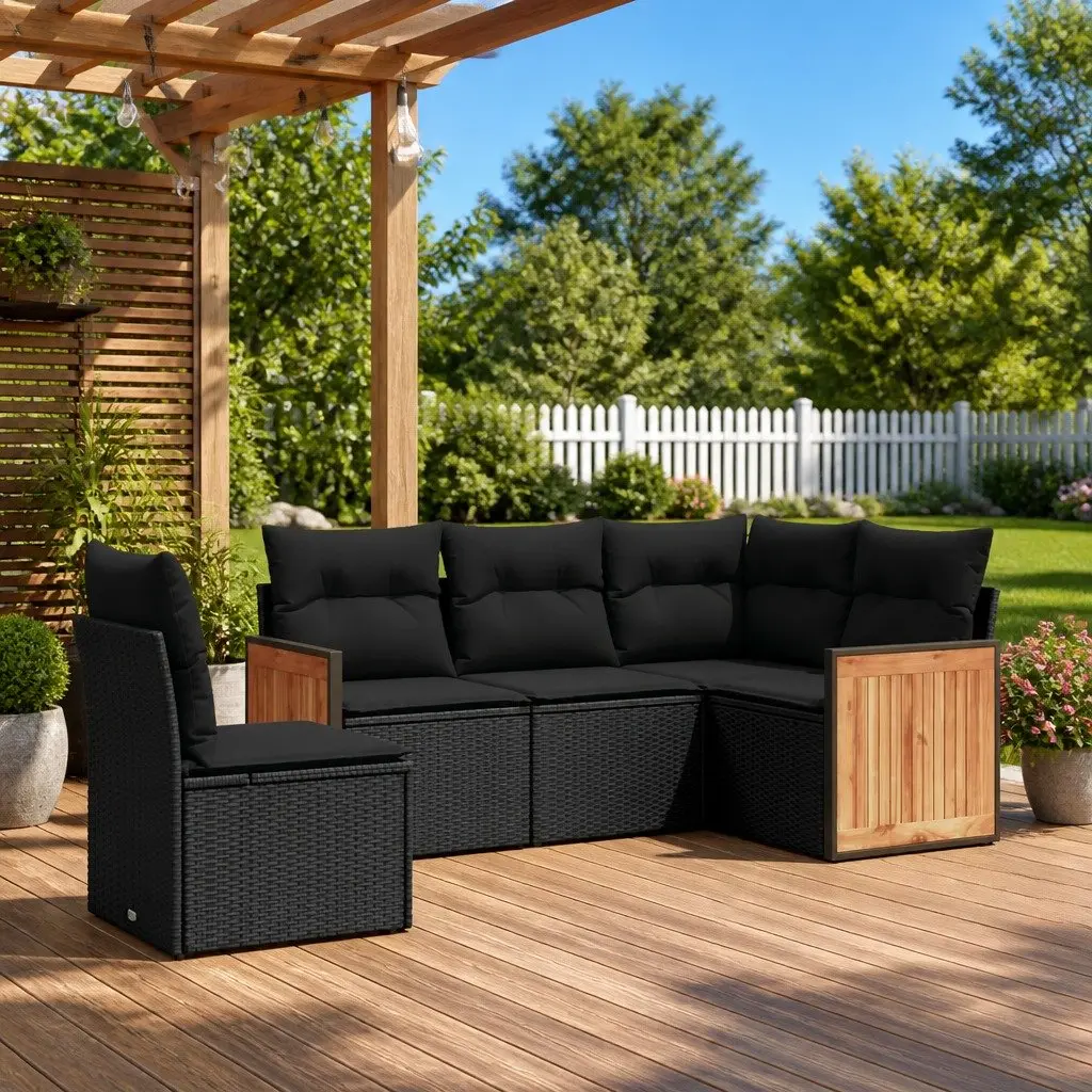 5 Piece Modular Garden Sofa Set Black PE Rattan Outdoor Patio Furniture with Cushions